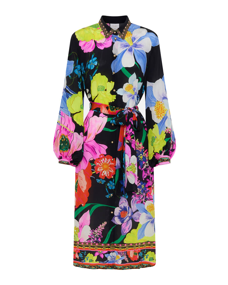 Front of a model wearing a size XL High Low Midi Shirt Dress in Away with the Fairies by Camilla. | dia_product_style_image_id:287704